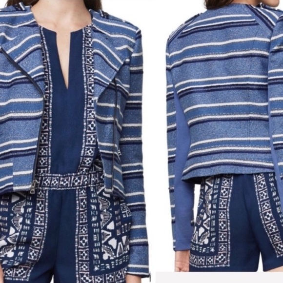 NWT BCBG MAXAZRIA Novak Striped Textured Moto Blazer Jacket Cotton Blend Sz XXS - Picture 2 of 13